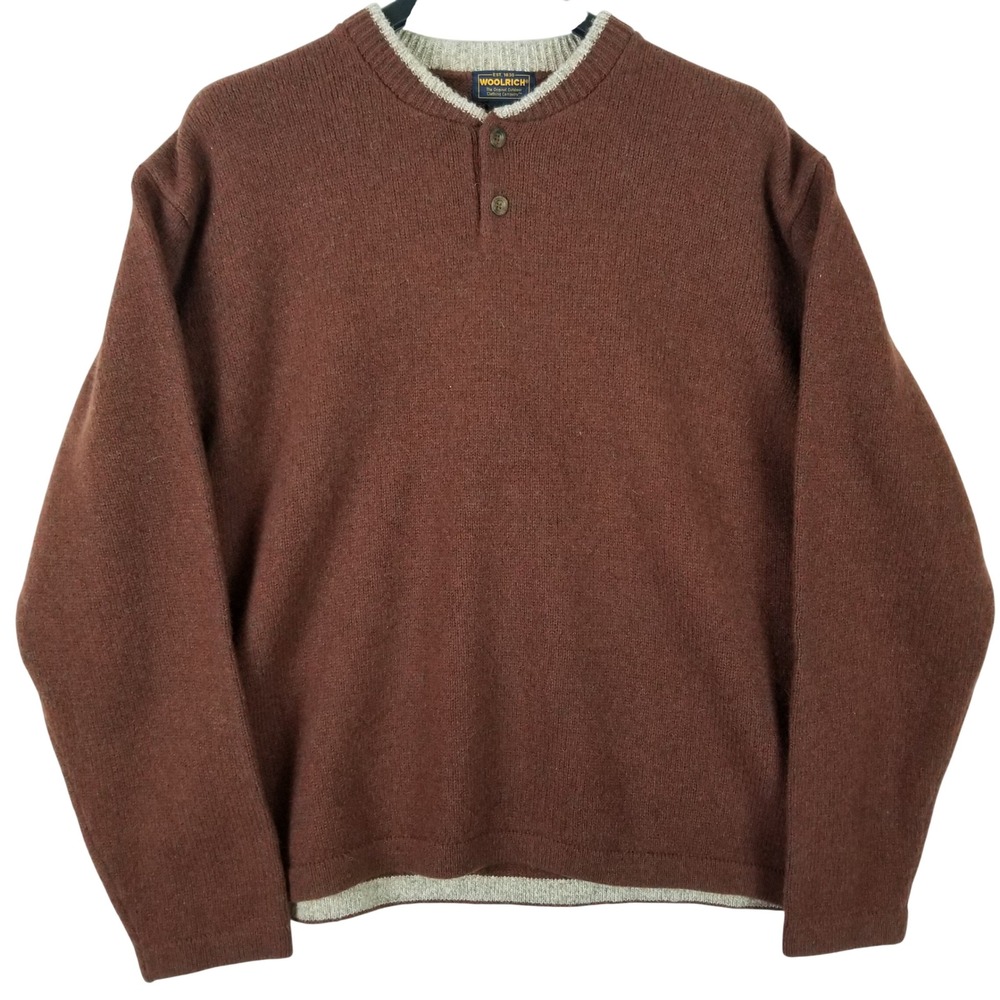 Woolrich Mens XL Wool Blend Henley Sweater Dark Terra Cotta Brown 9024 Pullover